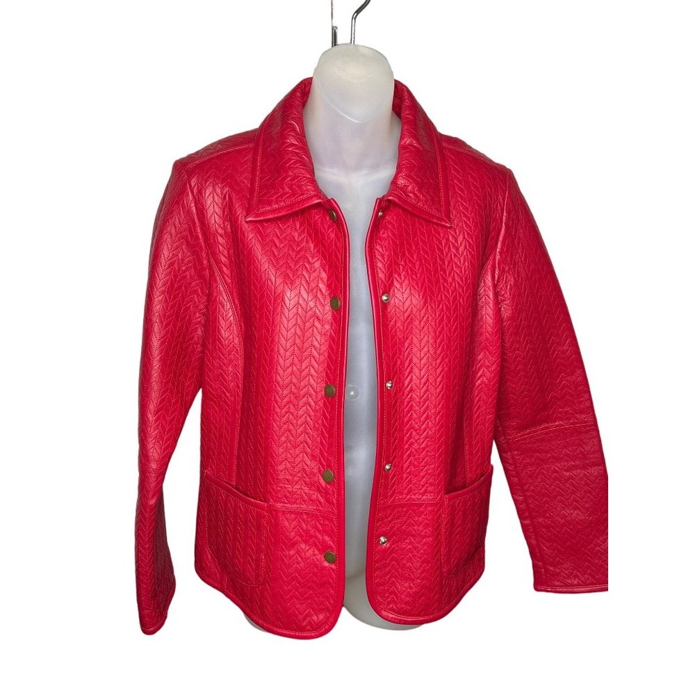 NWOT Liz Claiborne Red Leather Jacket Black Size 8 Chevron Stitching